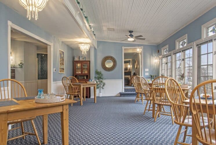 common space stairs and dining room